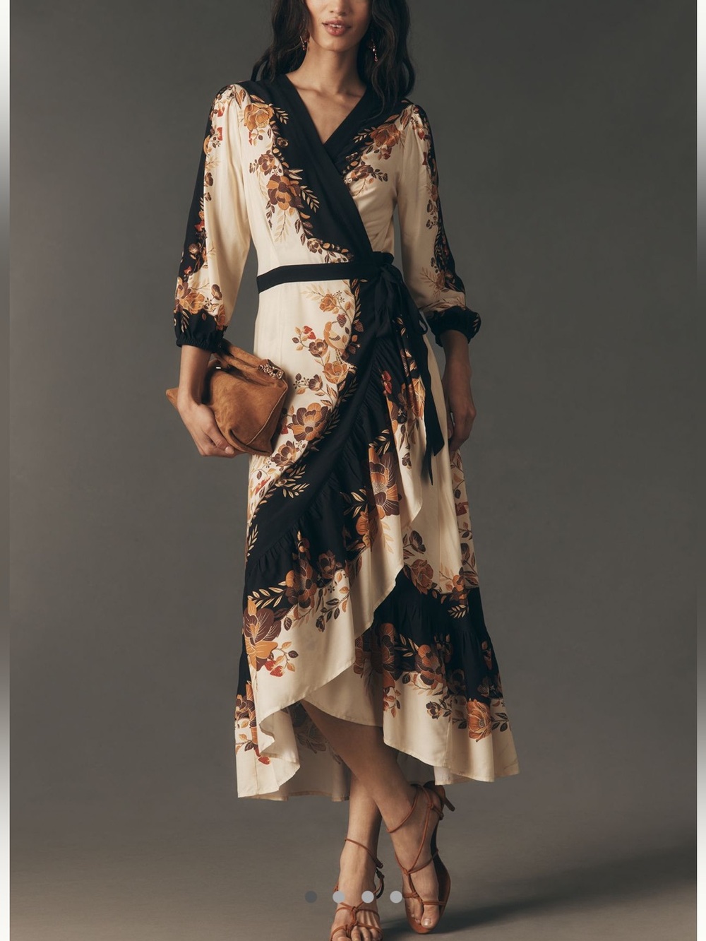 FARM Rio Long-Sleeve Black Floral Wrap Midi Dress New Large Anthropologie Large